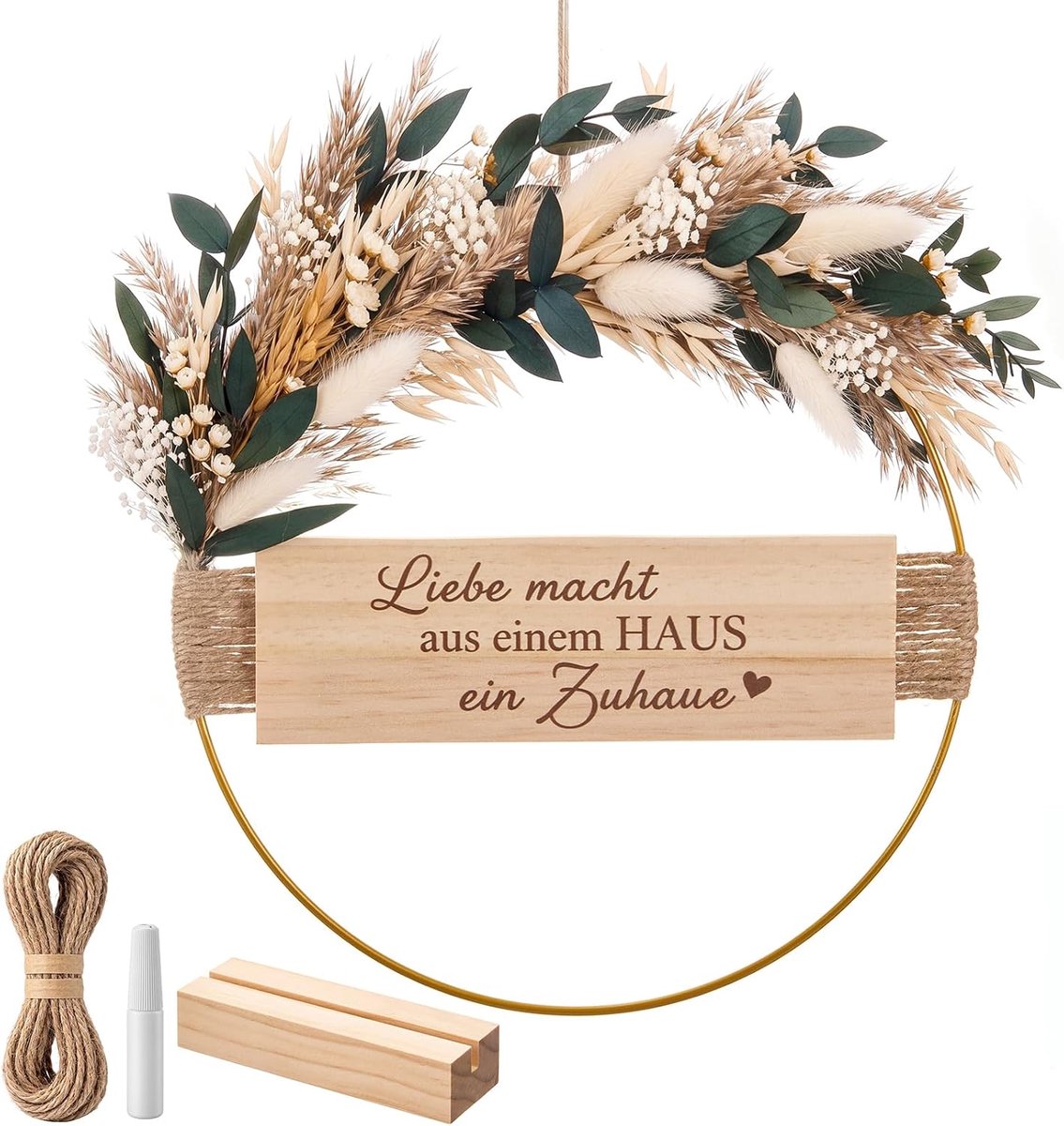 Deurkrans van gedroogde bloemen 25 cm - houten boho decoratie - met tekst 'Liebe macht aus einem HAUS ein Zuhause' - ShopVlot