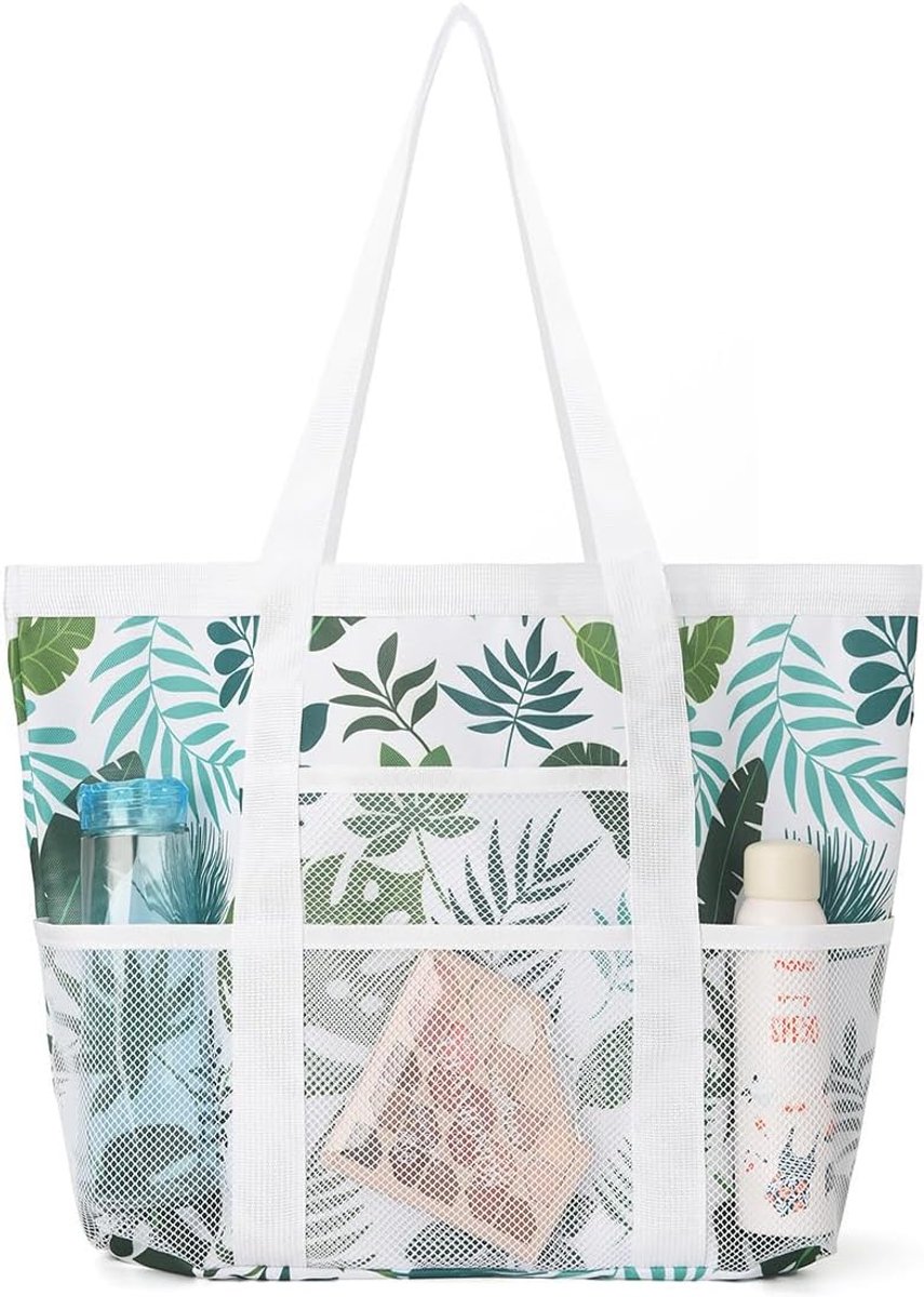 grote mesh stranddraagtas 44 x 34 x 12 cm - nylon - witte en groene tropische bladprint - ideaal voor het strand - ShopVlot