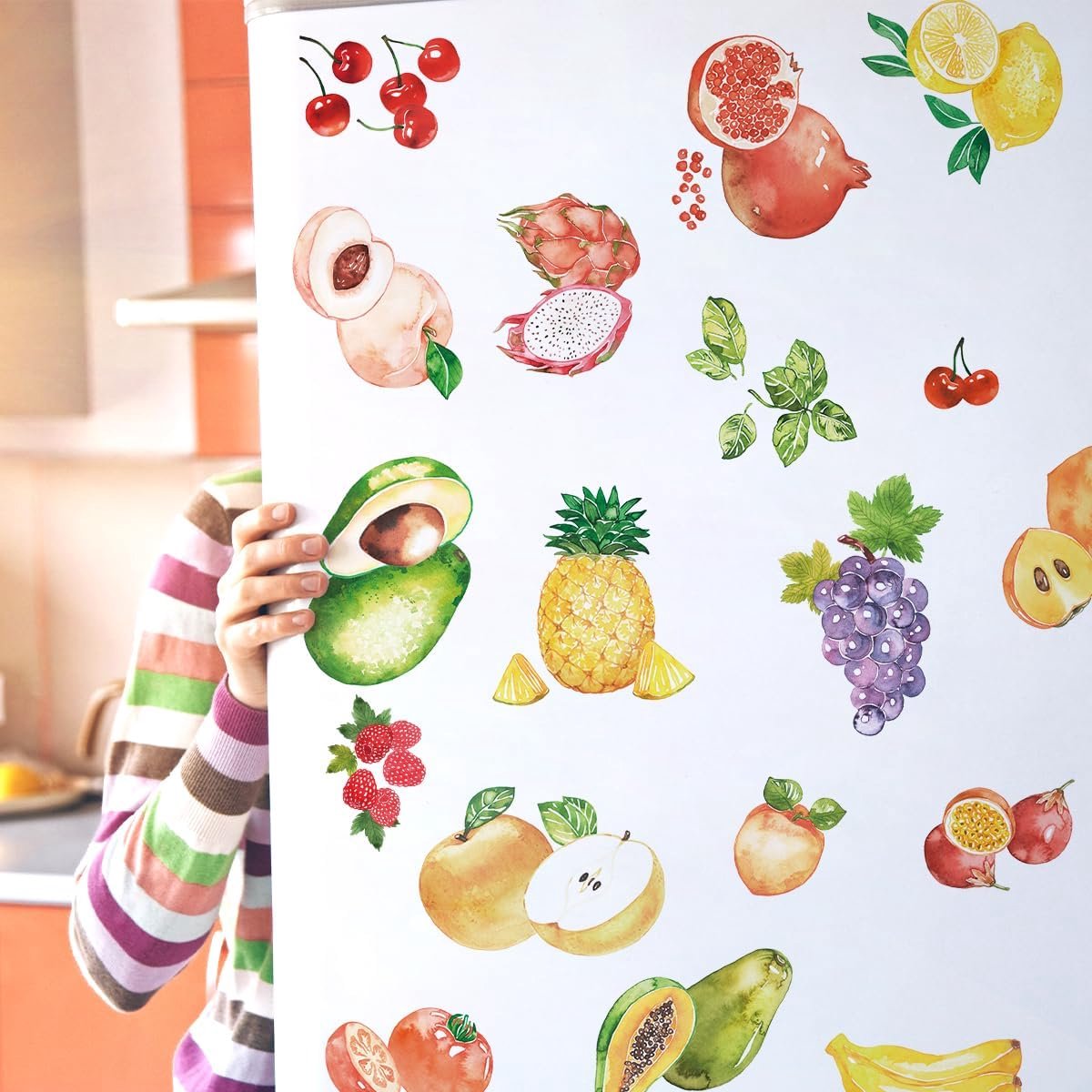 Persoonlijke sticker voor kinderkamer - aquarel fruit stickers - zelfklevend - persoonlijke decoratie voor muur - ShopVlot
