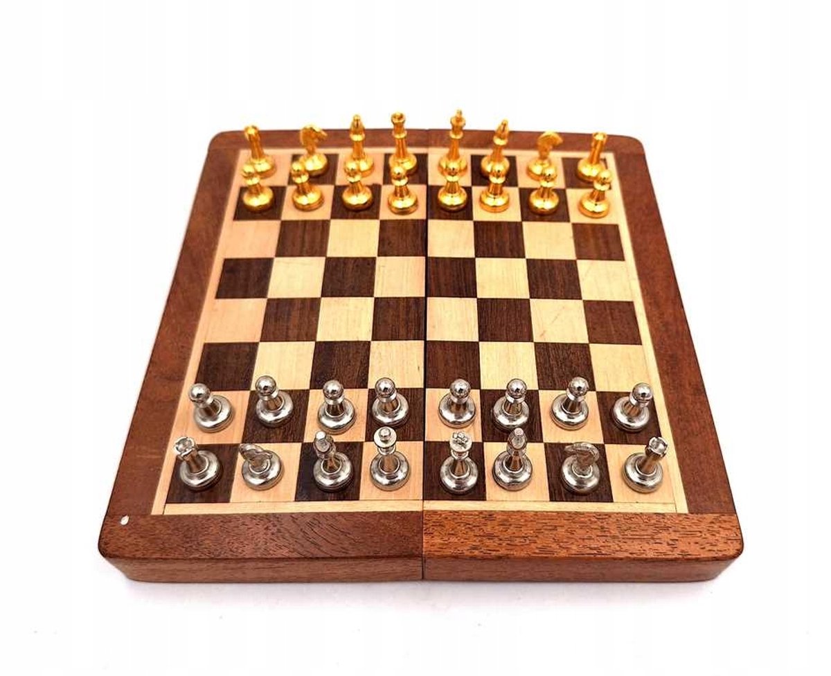 Magnetische Messing Schaakset in Houten Kist - Draagbaar & Stijlvol