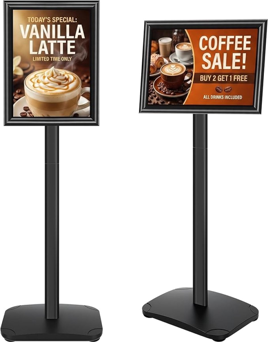 PromoHome 1 stuk - A4 Posterstandaard met Zware Basis - Draaibaar en Kantelbaar Display voor Posters, Menu's en Reclame - Geschikt voor Winkels, Beurzen en Evenementen - Zwart