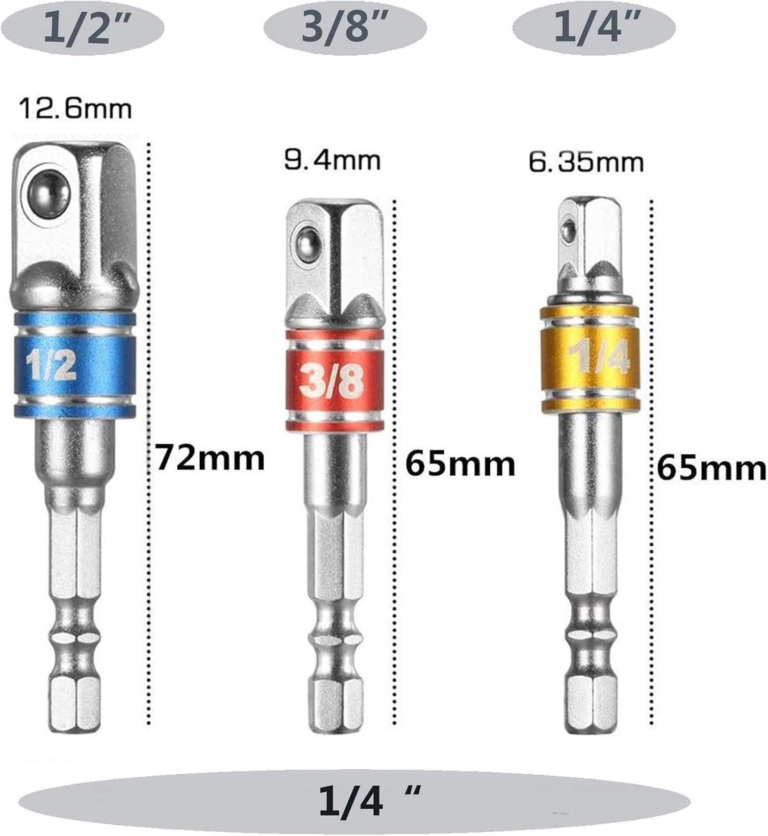 Steeksleutel adapter set 3-delig - hexagon 1/4", 1/2", 3/8" - robuust en duurzaam - ideaal voor alle boormachines - ShopVlot