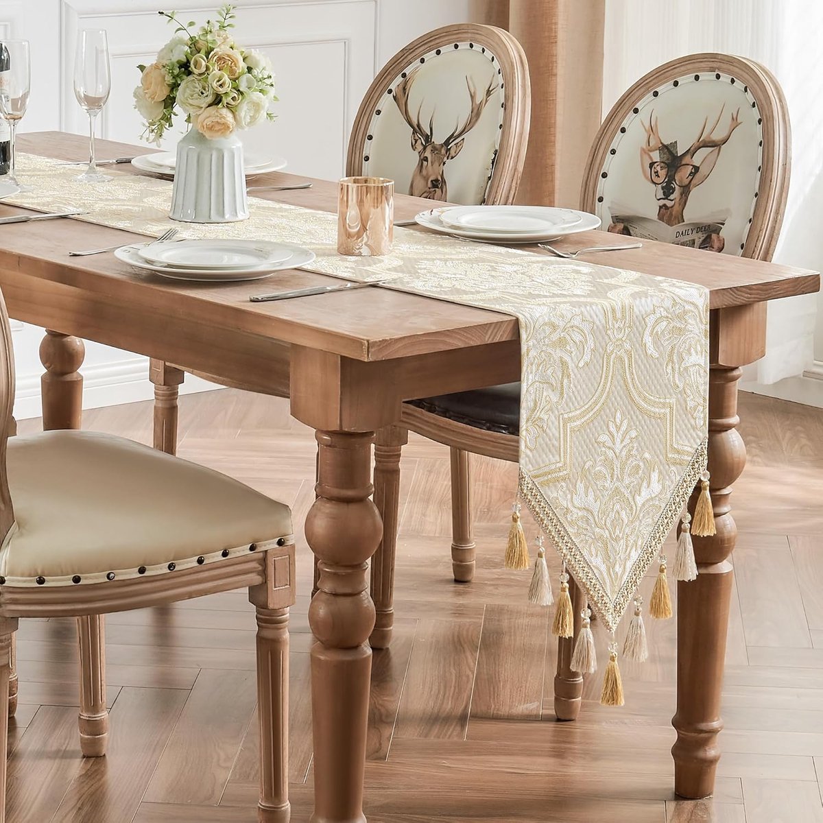 Tafelloper met Kwastjes 33x180cm - Dubbele Laag Damast - Elegant Bloemenpatroon - Perfect voor Eettafel - ShopVlot