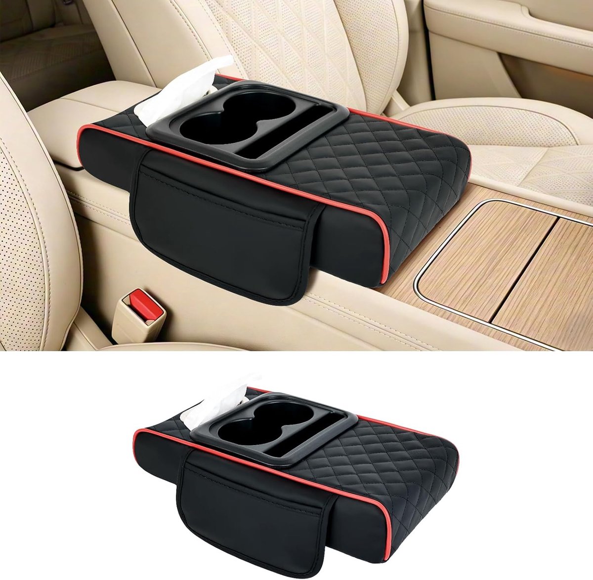 Auto armsteun kussen met opbergzakken - multifunctionele console cover - bekerhouder en tissuebox - ShopVlot