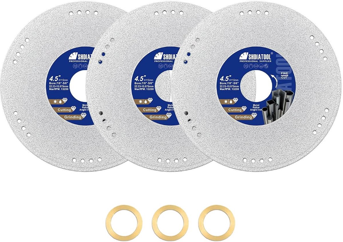 Slijpschijf metaal 115 mm - diamantschijf voor staal, roestvrij staal, aluminium - 3 stuks, as 22,23 mm - ShopVlot