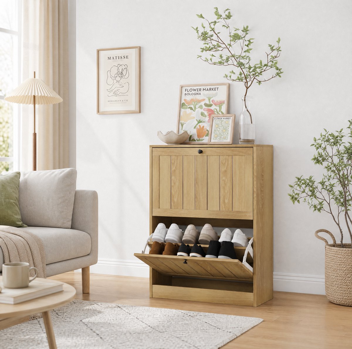 Schoenenkast - Smalle Staande Kast Met 2 Kleppen En Antikantelbeveiliging - Voor Hal En Entree - MDF En Spaanplaat - 60x24x80 Cm - Oak