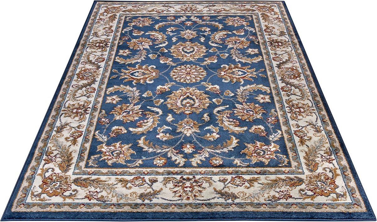 Oosterse loper 120 x 170 cm - klassiek blauw-crème - dicht geweven met ornamenten - perfect voor woonkamer - ShopVlot