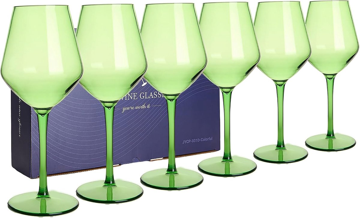 Wijnglazen, set van 6 stuks, 440 ml, Tritan-kunststof, vaatwasmachinebestendig, kleurrijk, herbruikbaar, voor cadeau vriendin, groen