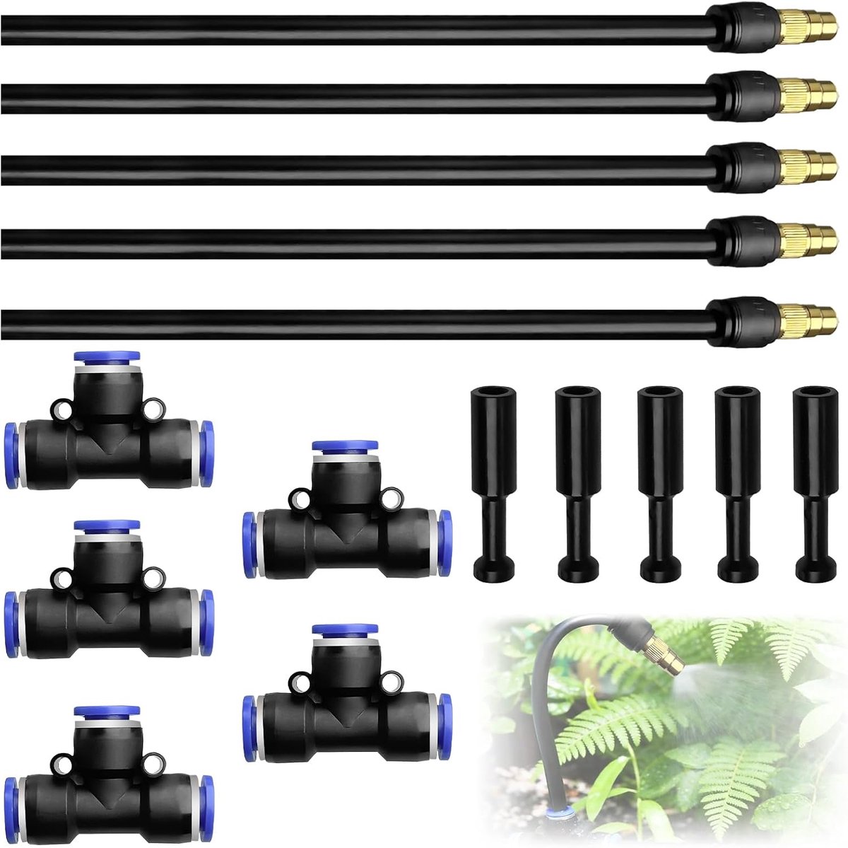 5 stuks messing irrigatiesproeiers, 5 stuks nevelsproeierringverstelling 20 cm met 5 stuks T-type-aansluiting, instelbaar koperen irrigatiemondstuk voor irrigatie, broeikas, gazon