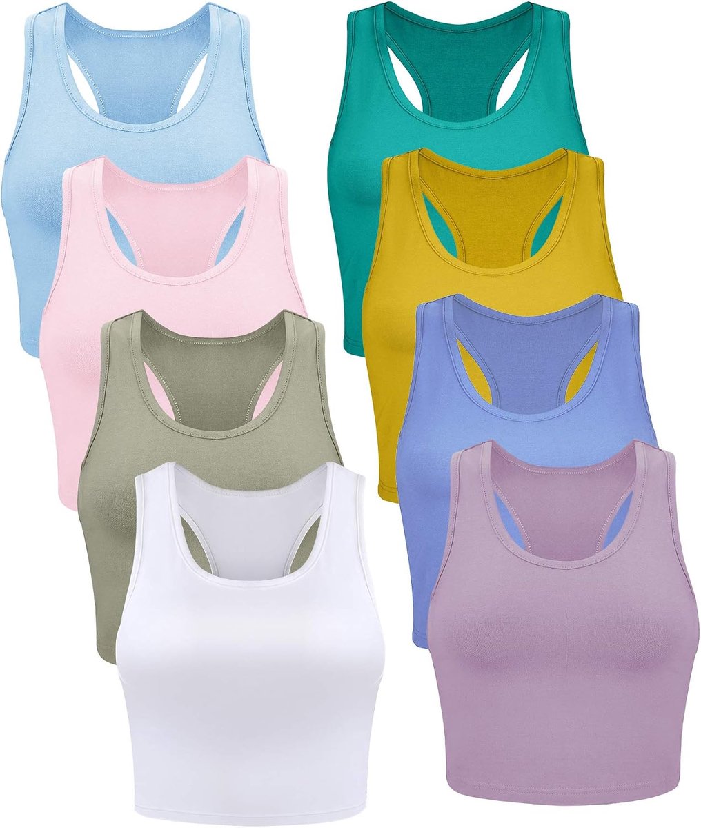 8 stuks basic crop tanktops mouwloos racerback crop sport katoenen top voor dames, Frisse Kleuren, S