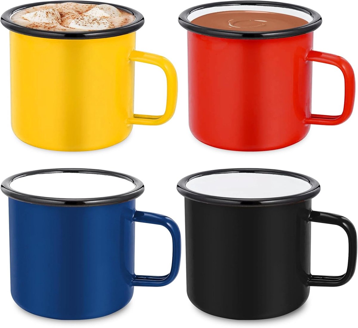 Set van 4 emaille kopjes, 350 ml, 8 x 8 cm koffiemok, emaille beker, retro emaille beker voor thuis, kantoor, feest, camping en outdoor, meerkleurig, herbruikbare drinkbekers