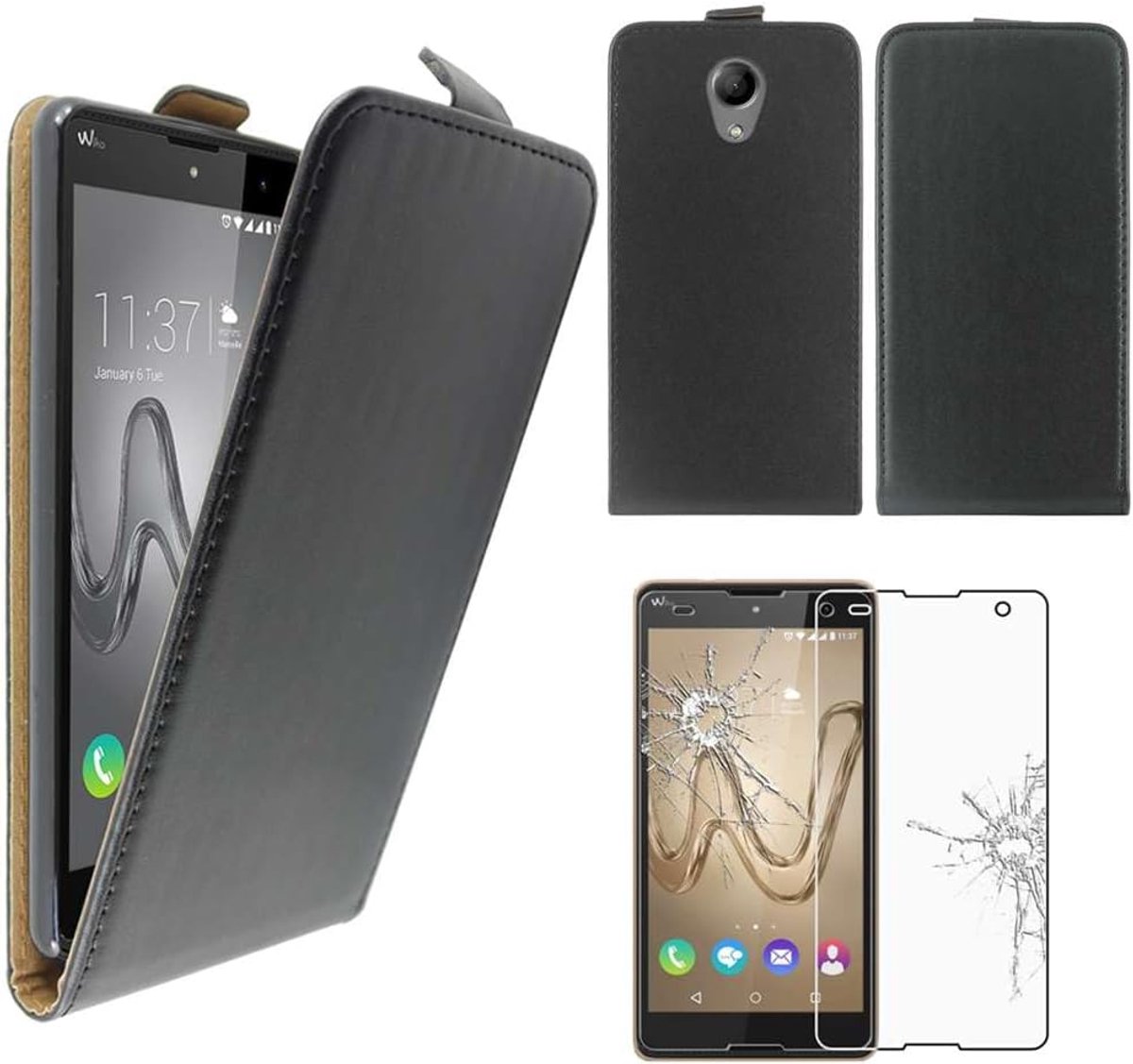 EbestStar beschermhoes voor Wiko Robby van PU-leer, verticaal, zwart + displaybeschermfolie van gehard glas, 155 x 79.1 x 10 mm, 5,5 inch