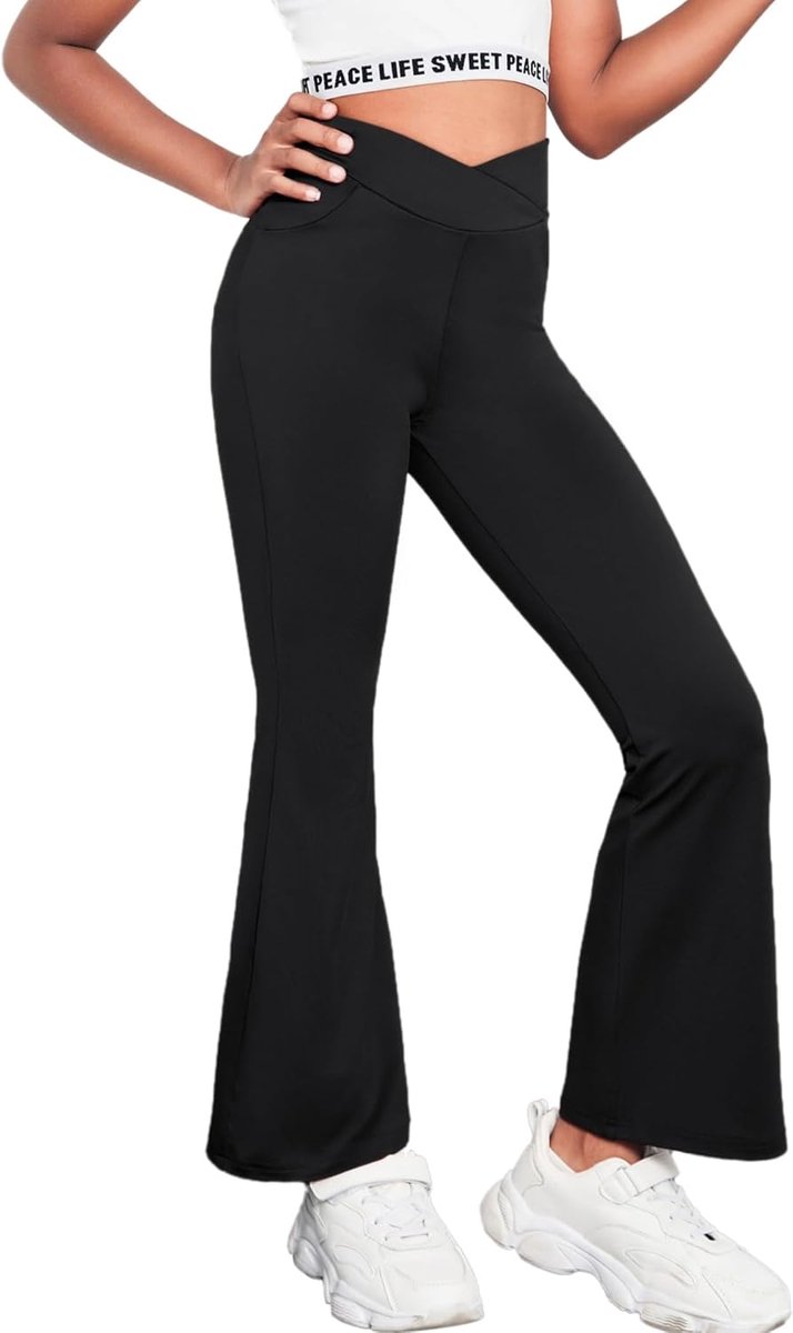 Flared leggings voor meisjes, broek met hoge taille, sportbroek voor yoga, dansen, hardlopen, plaid, sport, uitlopende broek voor meisjes van 5-14 jaar