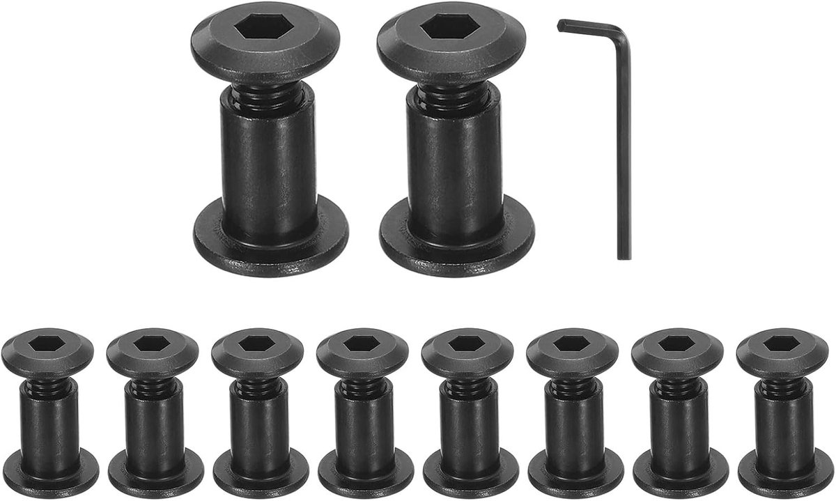 10 stuks M6 x 12 mm schroevenset en M6 x 15 mm inbusmoeren met inbussleutel, machineschroeven, schroefdraadmachines, assortiment meubels, verzonken kop, meubelverbinders, zwart