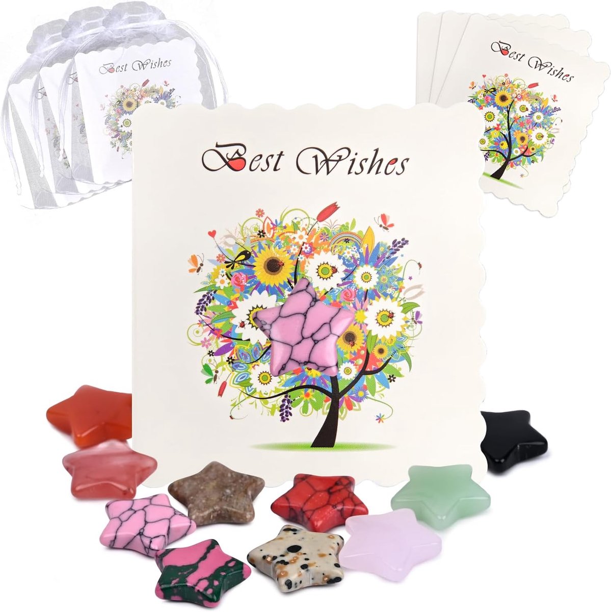 10 Stuks Ster Geluksstenen met Organzazakjes en Kaarten, Edelsteen Ster Bedels, Relatiegeschenken voor Verjaardag, Doop, Communie en Bruiloft
