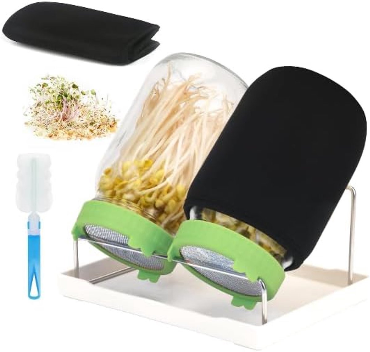Kiemglas, set van 2 stuks, glas met 2 filterroosterafdekkingen van roestvrij staal, standaard en inmaakborstel, kiemglas set voor sprossen kweek, kiemschaal, microgroenten