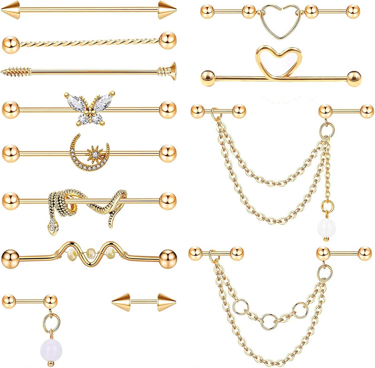Piercing, 16G roestvrij staal, industriële piercing, oorbellen, industriële helix-oorbellen, barbell-piercing, sieraad voor vrouwen en meisjes