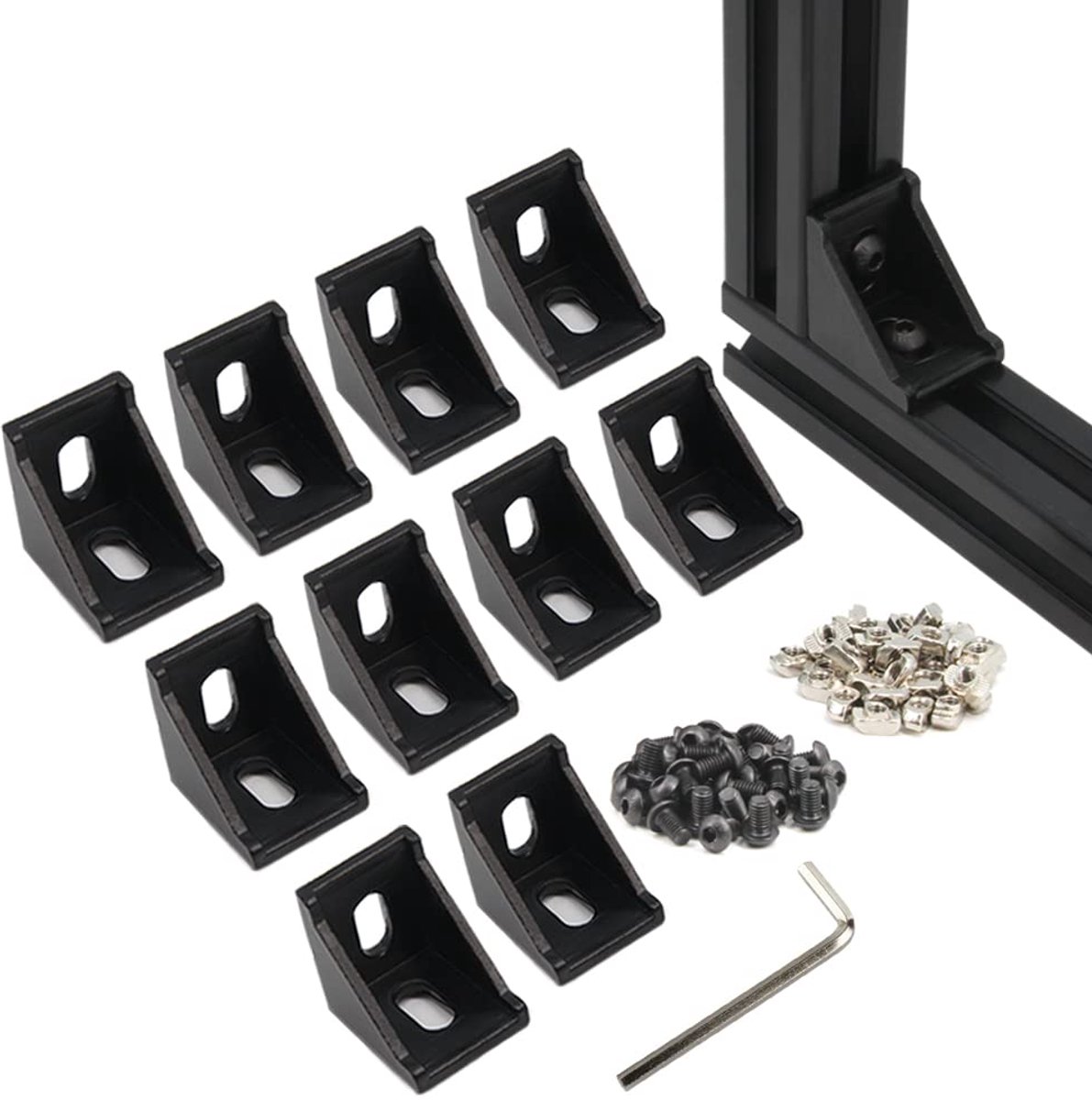 3030 Set van 10 haakse hoekbeugels met 2 gaten M6 x 10 mm schroeven en T-moeren voor aluminium extrusieprofiel 3030-serie met 8 mm sleuf (zwart - 30 series)