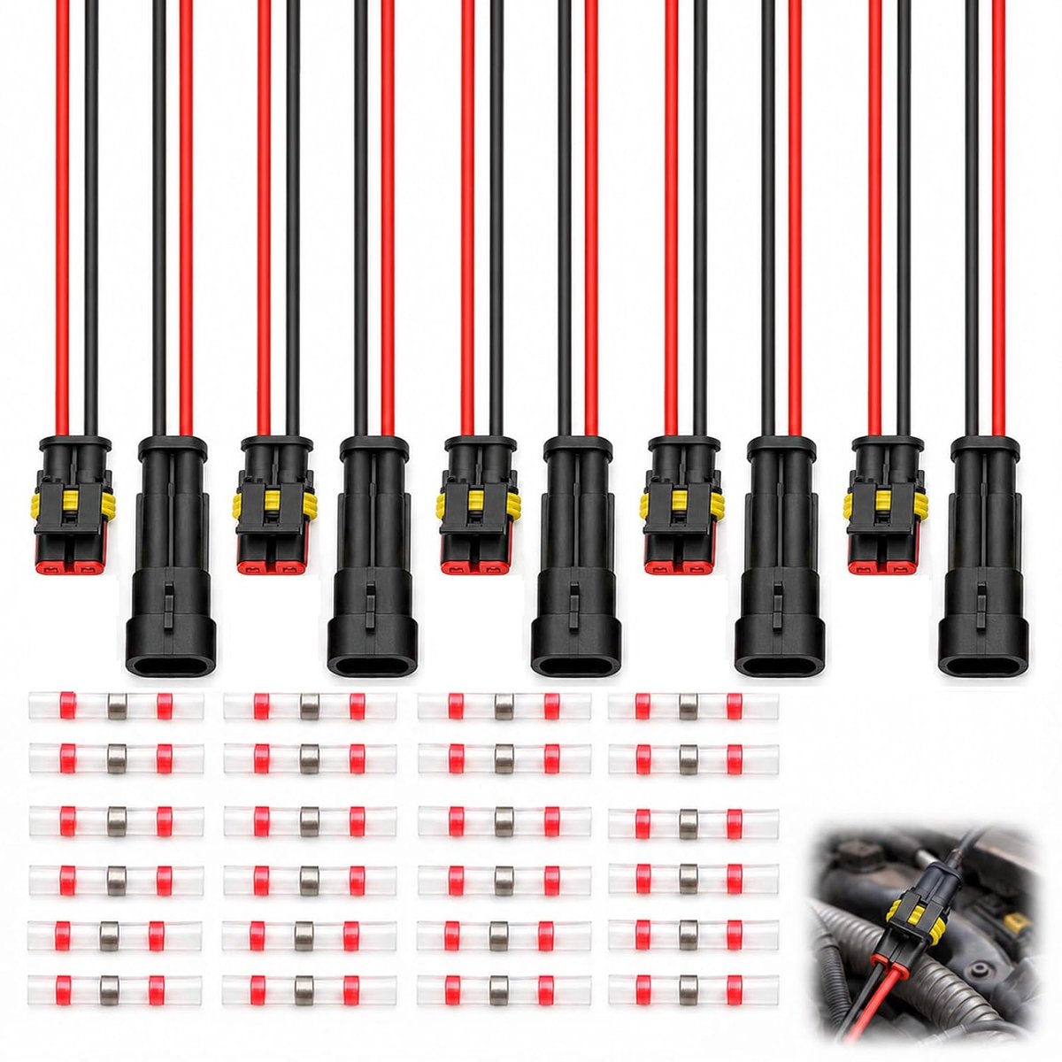 5 waterdichte 2-polige elektrische connectoren met 16 AWG-draden en 20 soldeerklemmen SST-21, zelfborgende connectoren voor toepassingen voor motorfiets, auto, scooter, vrachtwagen, boot