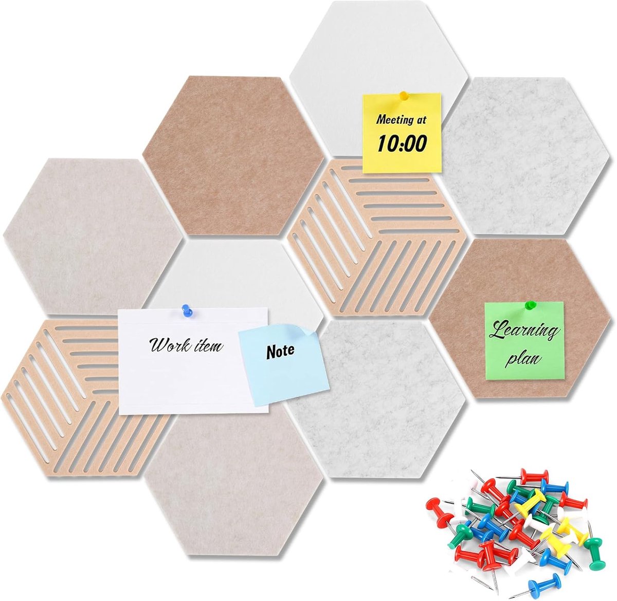 vilten prikbord, 10 stuks zelfklevend doe-het-zelf prikbord met 50 priknaalden, multifunctionele vilten tegels, wandpanelen voor wanddecoratie, stickers, thuis, kantoor, keuken, foto's