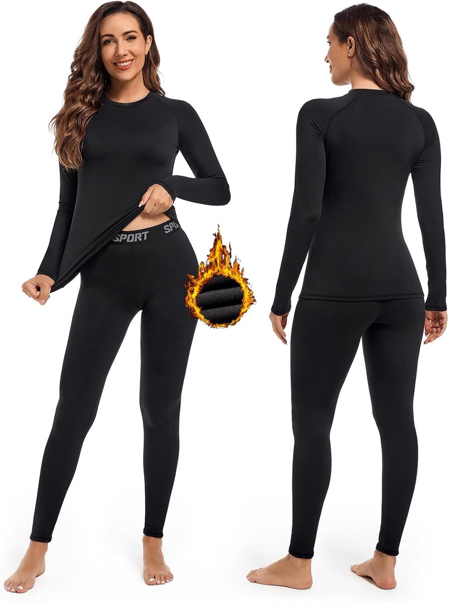 Thermo-ondergoed voor dames, warm functioneel ondergoed, skiondergoed, set met fleece aan de binnenkant, ultrazacht, winter, lang, thermo-ski-ondergoed, set voor joggen, skiën en fietsen
