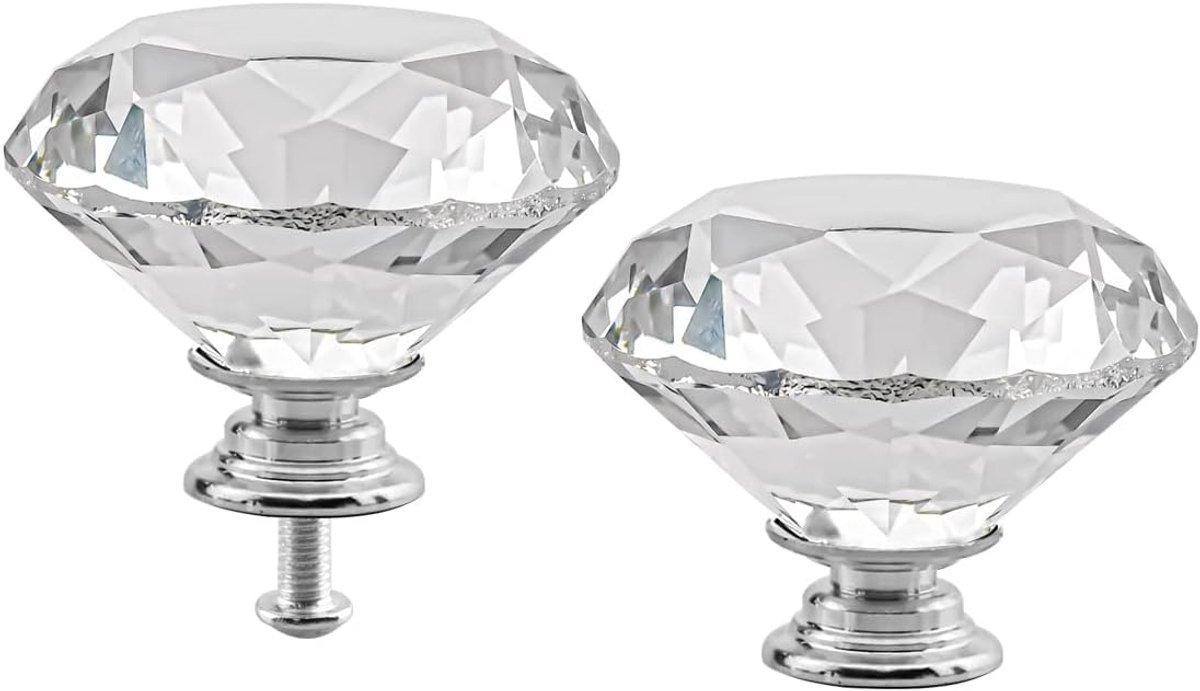 Kristal 4 stuks 50 mm helder glas diamantvormige ladeknoppen diamant kast dressoir trekt deurknoppen, kast kledingkast handgrepen voor keuken, kantoor, kast, dressoir laden (4 stuks,