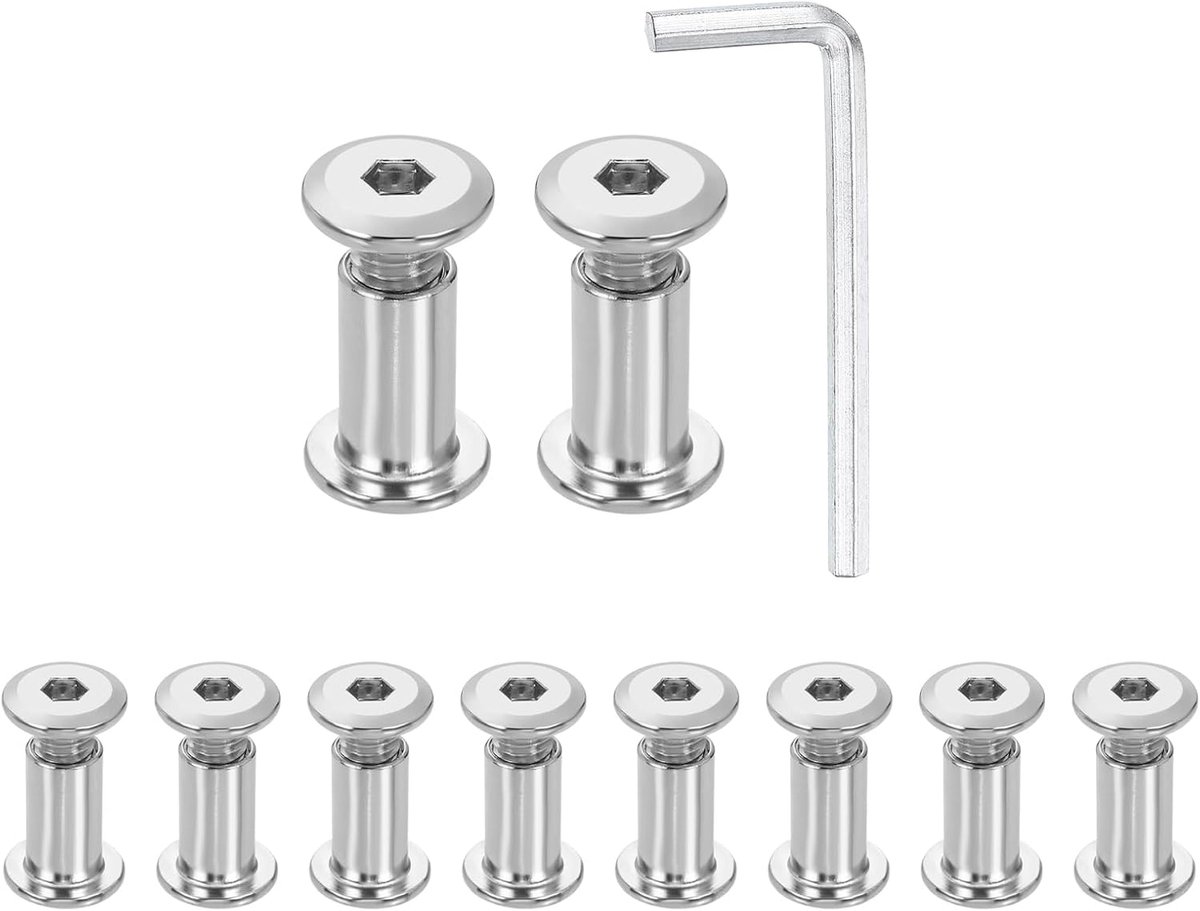 10 set zeskantbouten M8 x 12 mm en moeren M8 x 18 mm met zeskantsleutel M5, bouten en aansluitschroeven voor meubels met verzonken kop, zilver