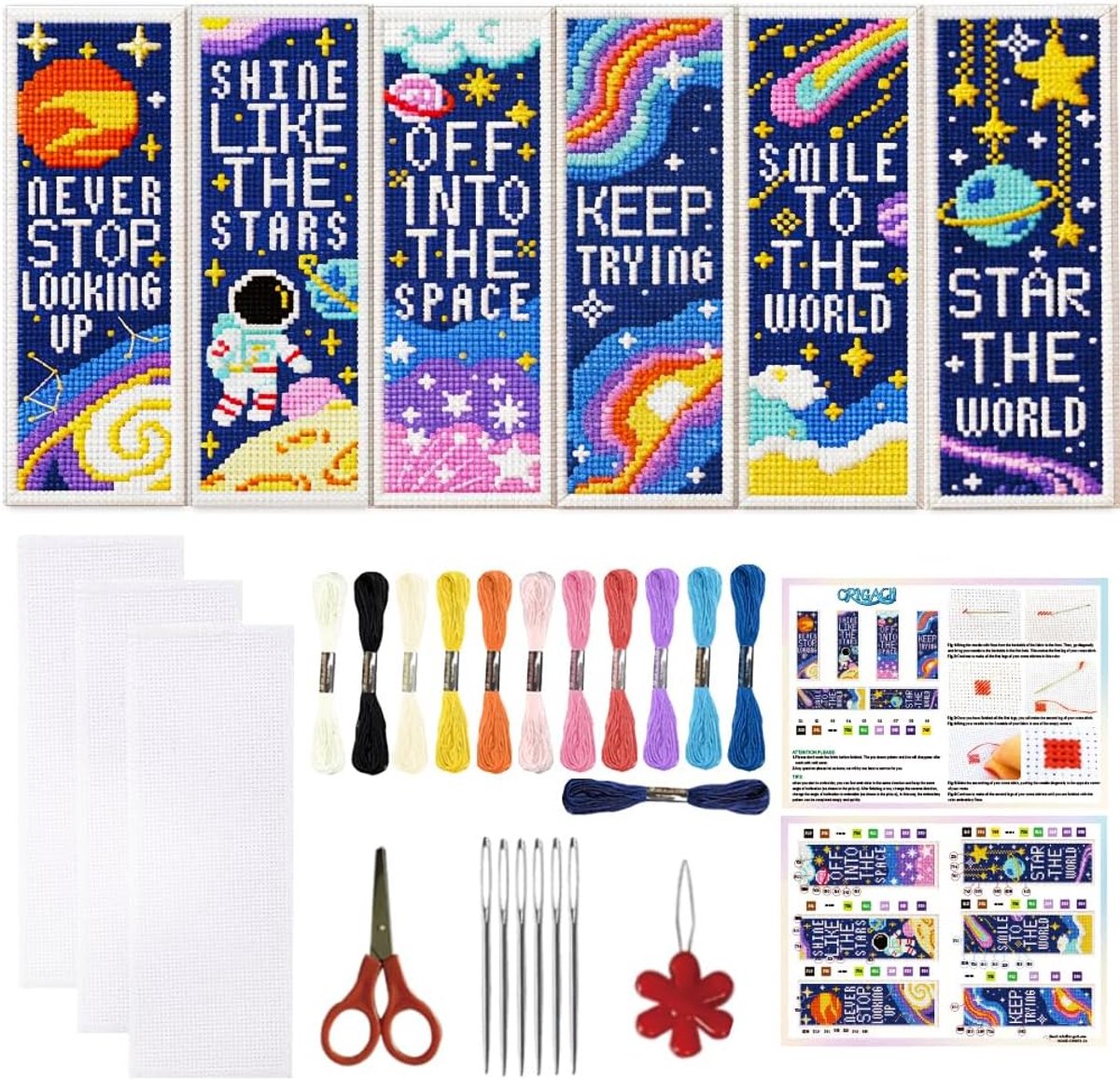 6 Set Kosmische Ruimte & Inspirerende Citaten Kruissteek Bladwijzer Kit voor Beginner met Backing Vilt Floss Instructies DIY Gestempeld Borduurwerk Bladwijzer Kit voor Volwassenen