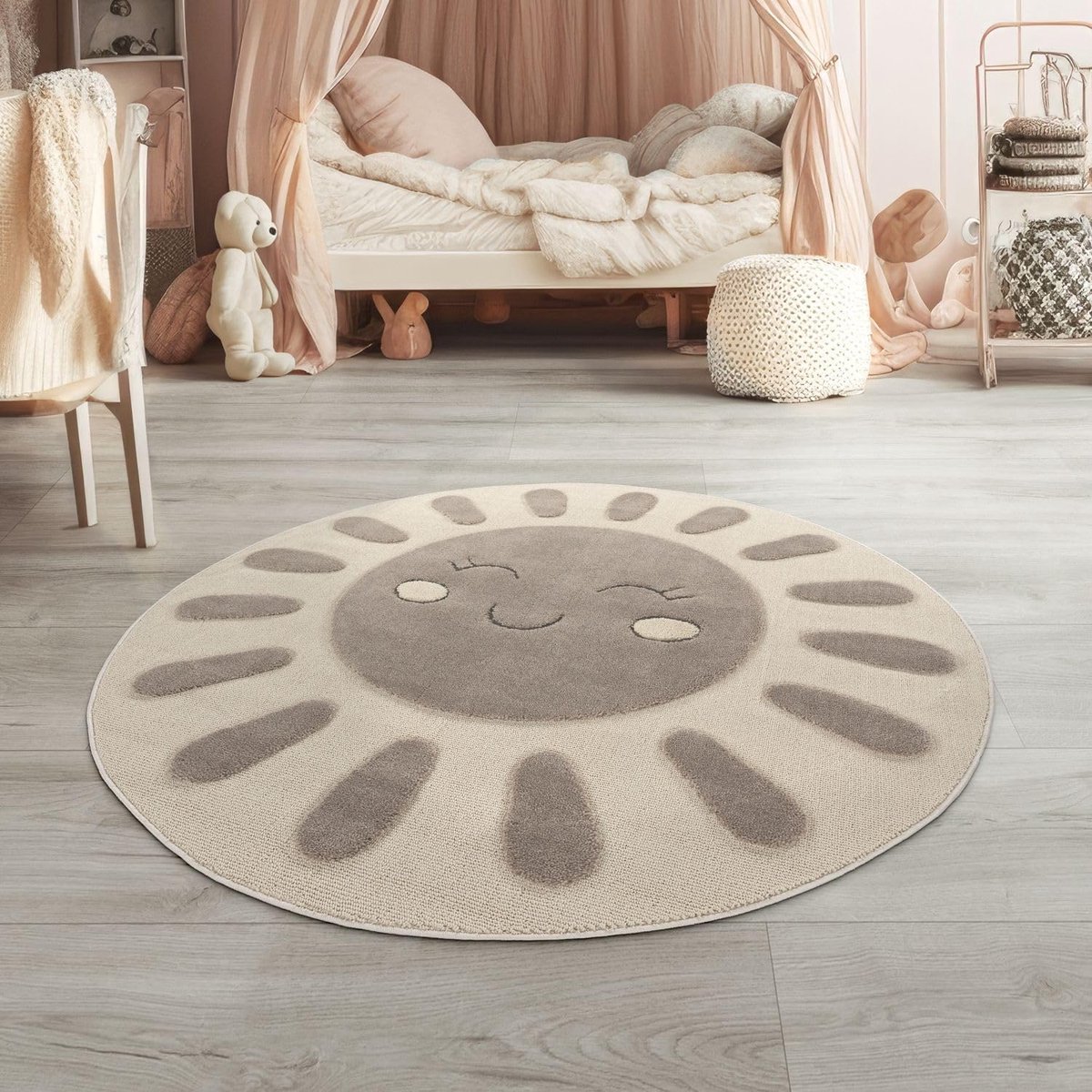 Home Vloerkleed Kinderkamer Meisjes Jongens Zon 3D Modern Soft Fluffy, Kleur:Donkerbeige Crème, Maat:160 cm rond