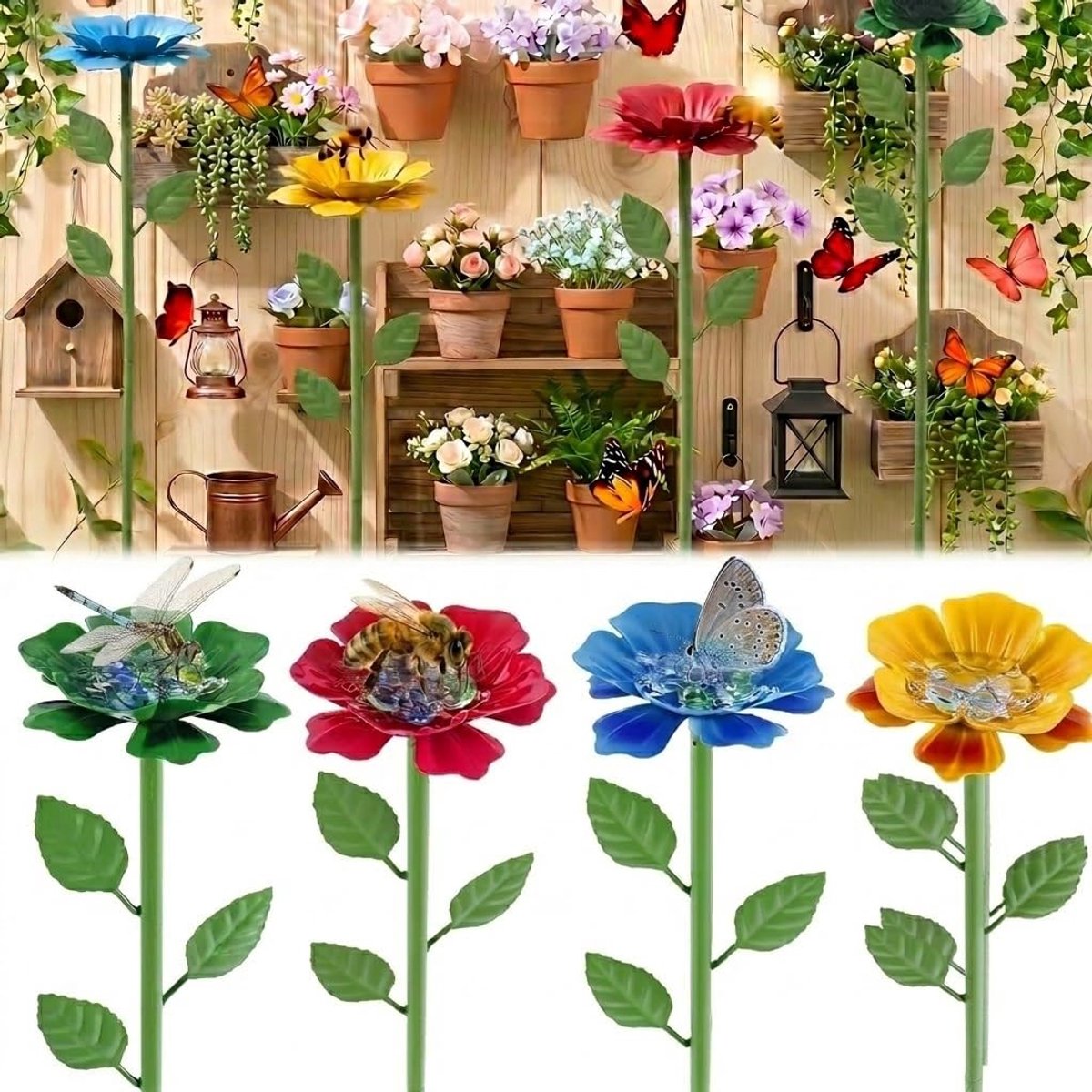 4 stuks bijendrinkbak voor de tuin met 20 glazen ks, in hoogte verstelbaar, insectenbak van metaal met grondpen, vogelbad, bloemen, bijendrinker, tuindecoratie voor bijen en vlinders