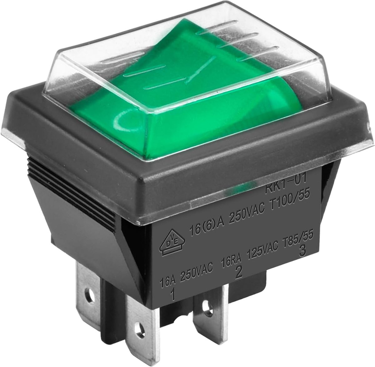 Schakelaar aan/uit, aan-uit, 4 aansluitingen, groen licht, 16 A, 250 VAC, met waterdichte afdekking (1)