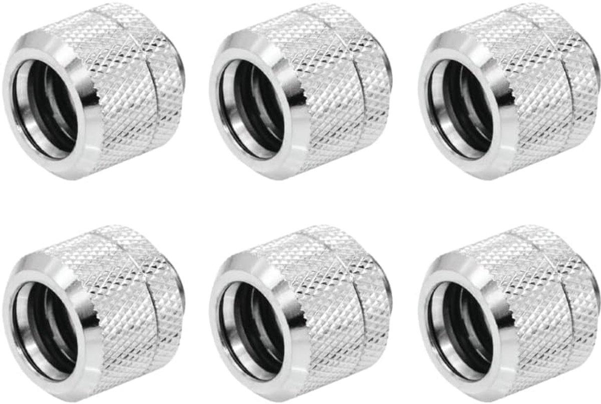 6 stuks G1/4 inch schroefdraad tot 16 mm buitendiameter, harde buizencompressiemontage met hoog lichaamsontwerp voor computer waterkoelsysteem, zilver
