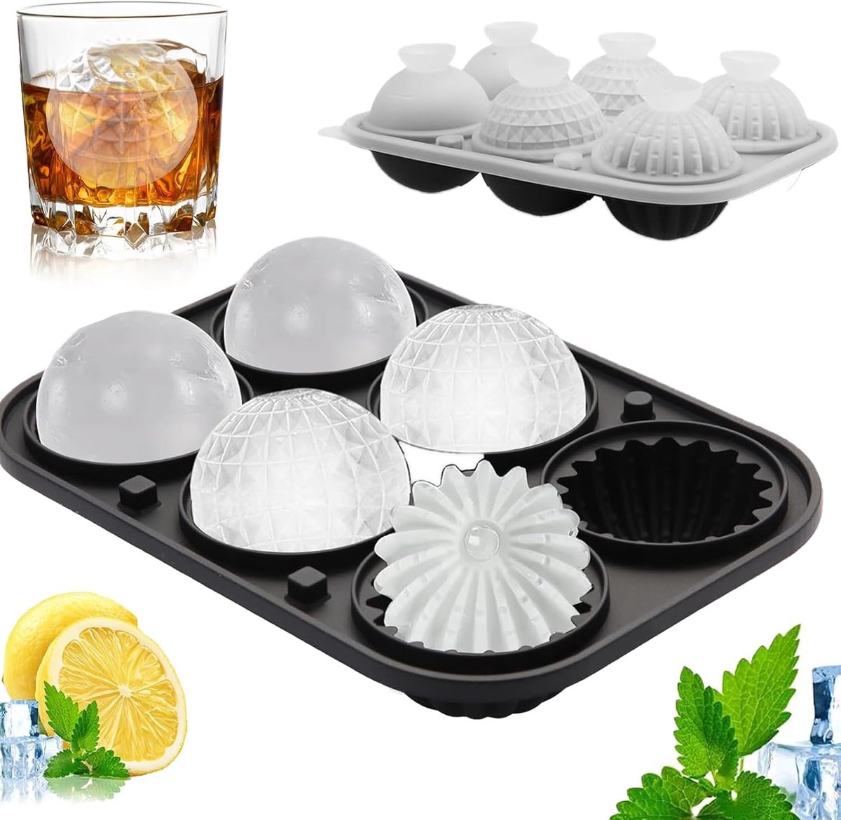 ijsblokjesvorm, siliconen, (Ø 5,2 cm), met trechter en deksel, BPA-vrij, 3D-ijsblokjesvormen, 6 rond/3 verschillende bolvormige ijsblokjesvormen, voor whiskey, cocktail, likeur, gin en bier