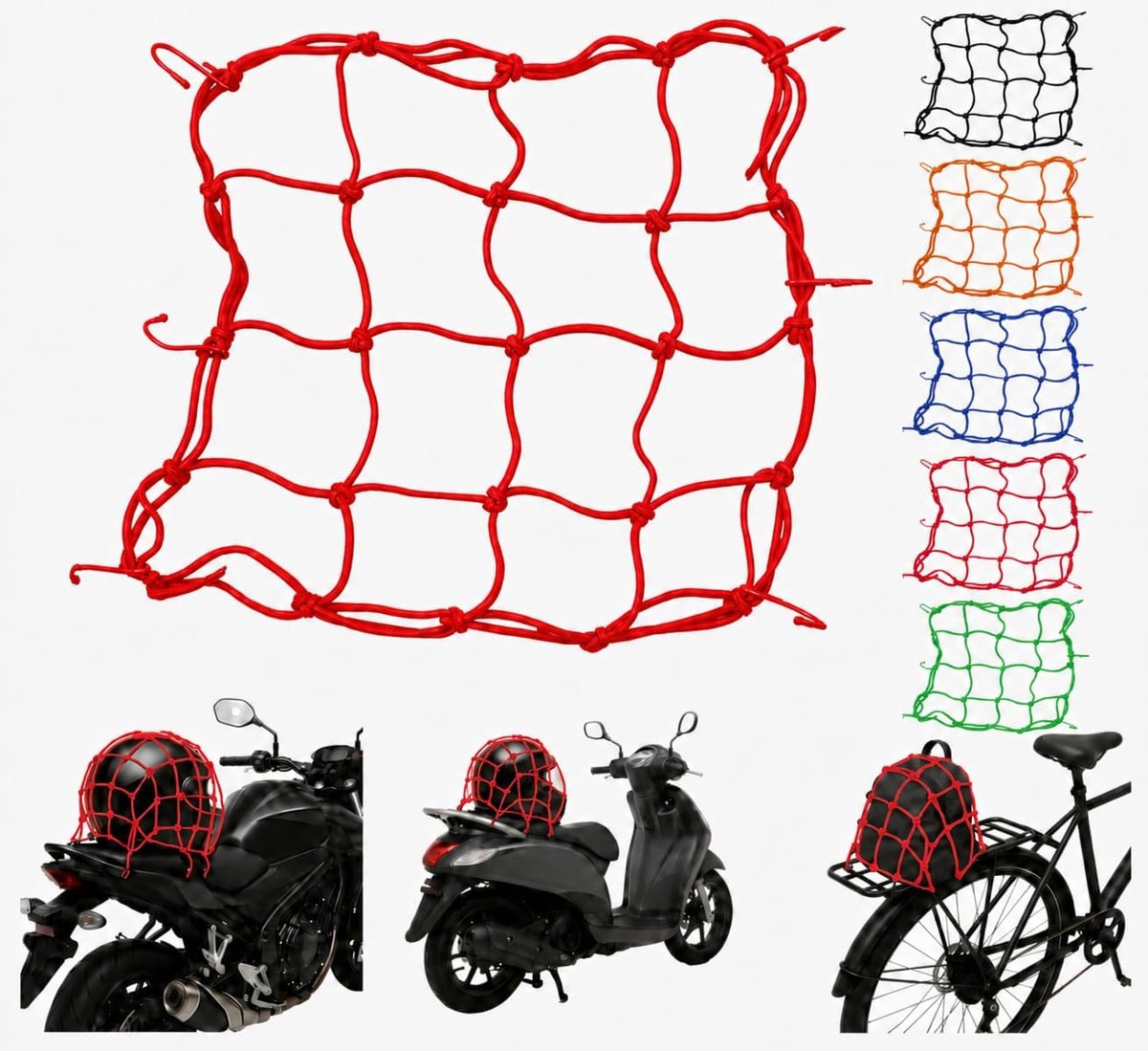 net voor motorfiets, met haken, bevestiging van bagage en helm voor bagagedrager/zadel, universeel voor motorfiets, scooter en fiets, hoge elasticiteit, krasbestendige haken (rood)