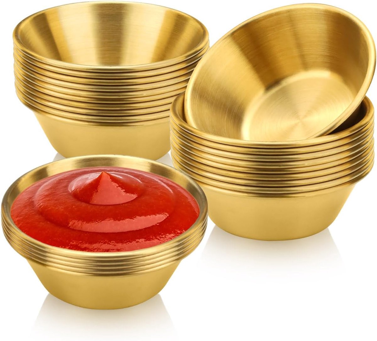 Verpakking met 25 dip-borden van roestvrij staal, 6,7 cm, ronde goudkleurige schalen, enkele metalen schalen voor sojasaus en voorgerechten