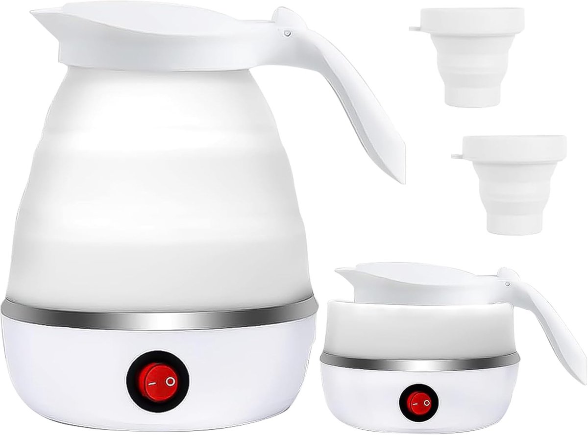 Elektrische Reiswaterkoker 600ml, Mini Waterkoker van Siliconen met Roestvrijstalen Bodem, Draagbare Camping Waterkoker voor Reizen Kantoor Wandelen Vakantie met 2 Opvouwbare Bekers
