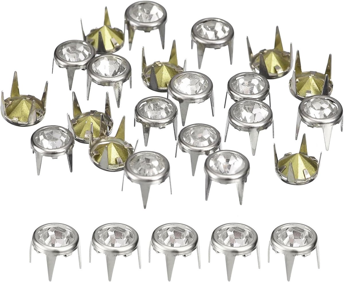 100 stuks strass-klinknagel-navullingen, 8 mm, strassklauwkralen, klinknagels, metalen punten voor doe-het-zelf lederhandwerk, productie van portemonnee, kleding, zilveren frame + witte