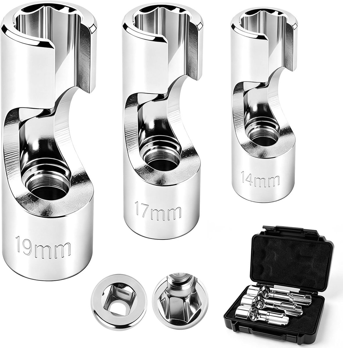 7-delige lambdasonde sleutel 3/8 14 mm 17 mm 19 mm, lambdasonde moer, dopsleutel lambdasonde, sleuf dopsleutelinzetstukken 3/8, CRV chroom-vanadiumstaal
