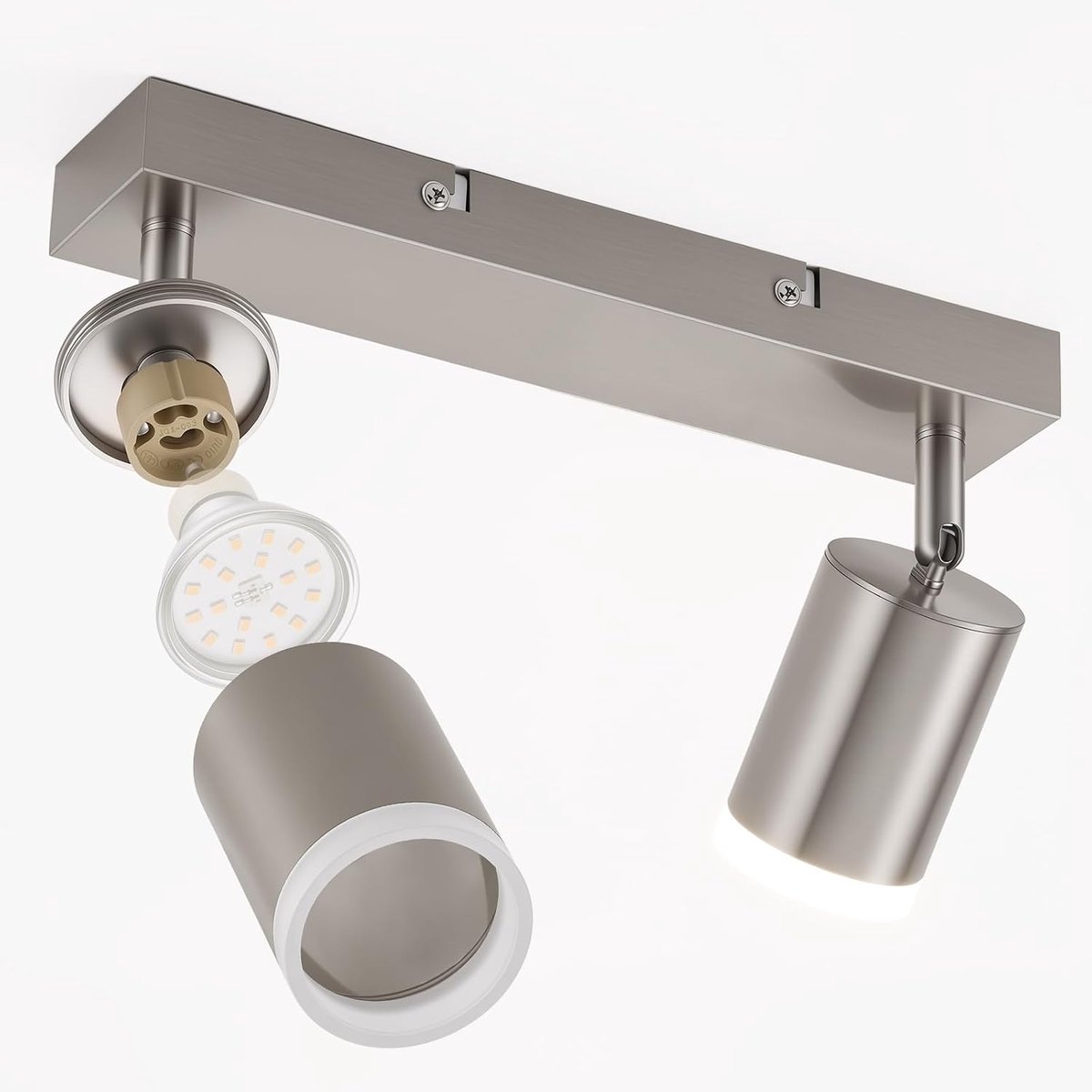 2-Lichts LED Plafondlamp Nikkel, 350° Verstelbare Spotlamp, GU10 Binnenlamp Voor Keuken Gang Woonkamer, Lamp Niet Meegeleverd