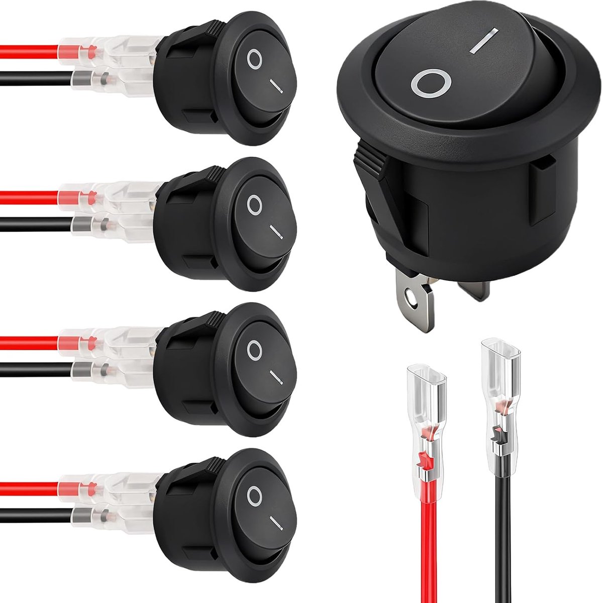 5 stuks ronde tuimelschakelaar, wipschakelaar met 15 cm voorgemonteerde kabel, 2-polig AAN/UIT, voor 12V/230V, 10A, schakelaar voor auto, camper, motorfiets, boot, huishoudelijke apparaten