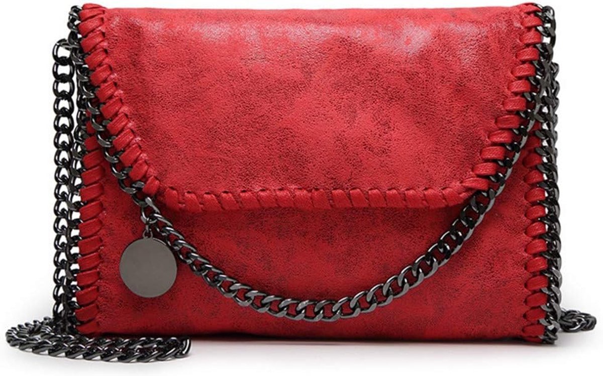 Dames handtas; elegante schoudertas met metallic kettingriem; PU leder cross body tassen, rood., Medium