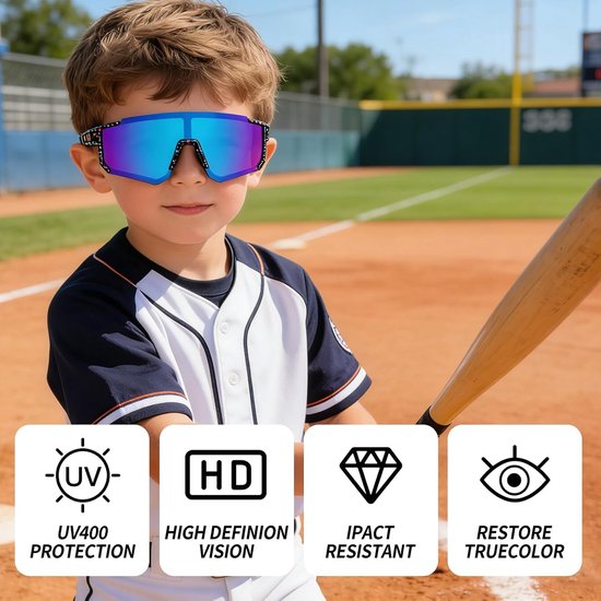 zonnebril voor kinderen, fietsbril voor kinderen, sportzonnebril voor kinderen, UV400-bescherming, voor jongens en meisjes, voor outdoorsporten, fietsen, tennis, hardlopen — afbeelding 4