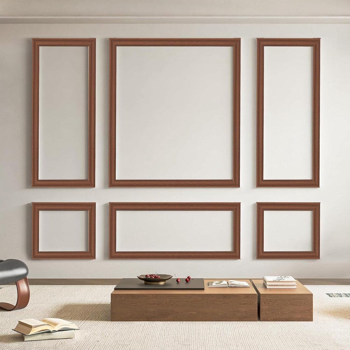 Set van 6 voorgesneden muurvormen, kant-en-klare lamellen voor interieurdecoratie, woonkamer, slaapkamer, accentmuur, geïnstalleerd met lijm, 3 boven 3 bodems, walnoot | Voor interieurdecoratie, met lijm, 3 bovenste en 3 onderste panelen, walnoot