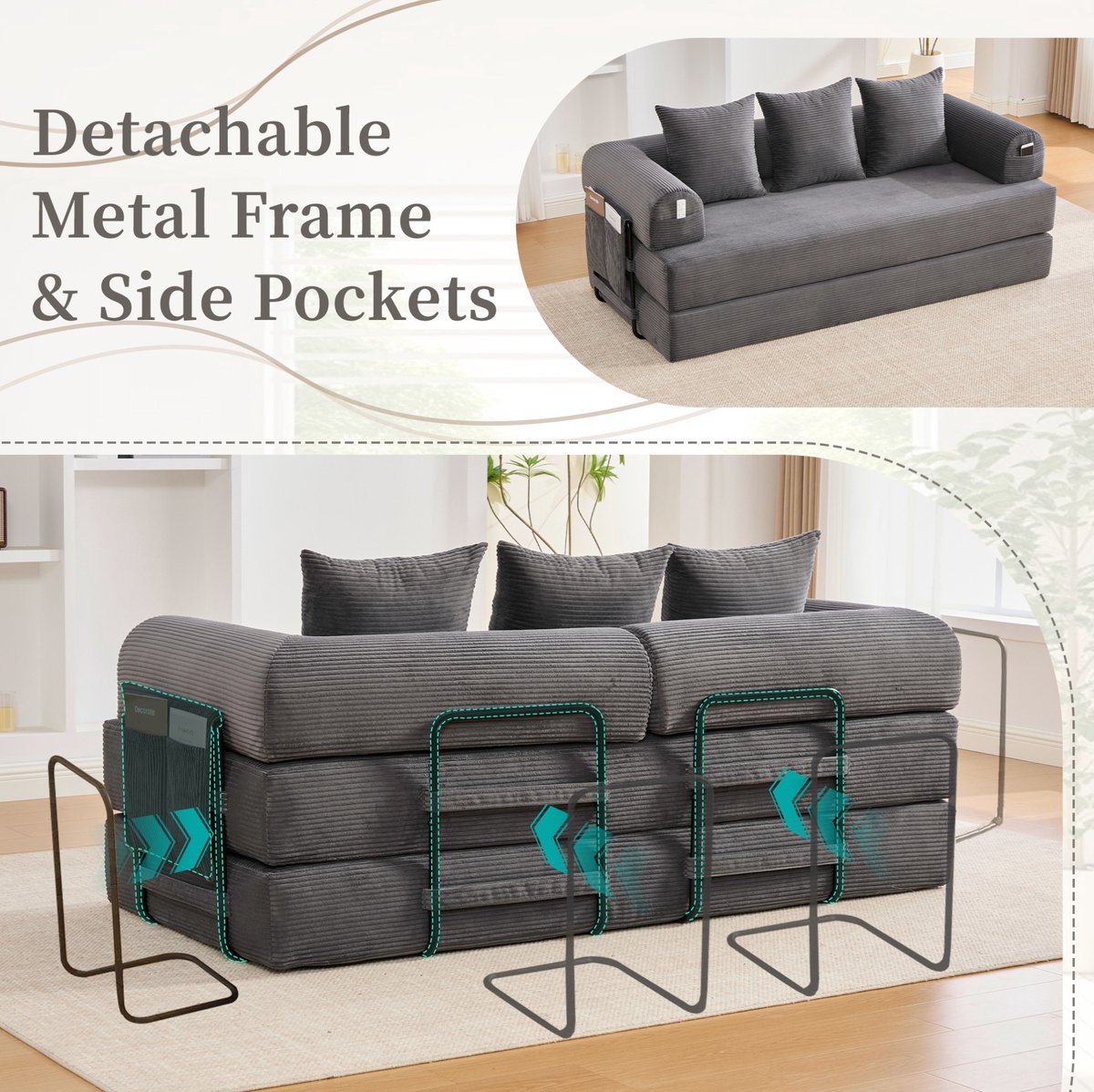 STILVORA Slaapbank 200 x 94 x 67 cm - Modulair En Uitklapbaar Met Zijvak En 3 Kussens - Voor Woonkamer En Appartement - Corduroy Donkergrijs