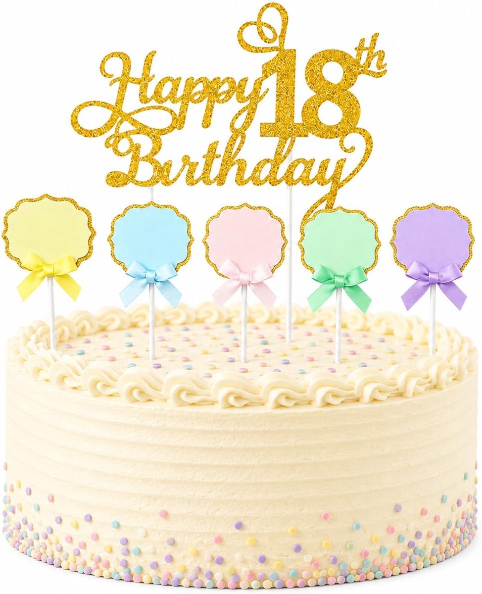 Taartdecoratie verjaardag - Happy 18th Birthday - Gouden bord en 5 schrijfbare etiketten - Voor jongens en meisjes - SnelShoppen