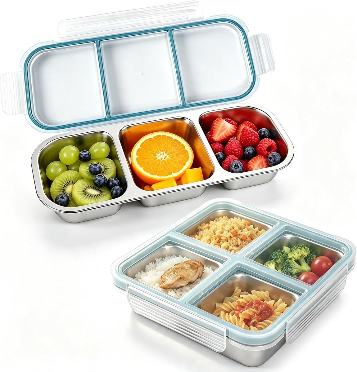 Snackbox 2 stuks 720 ml - roestvrij staal - 7 vakken - ideaal voor gescheiden snacks - SnelShoppen