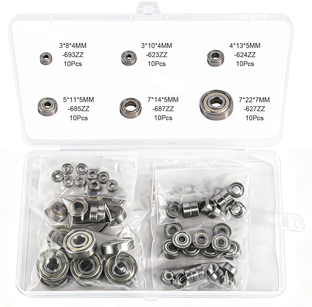 Mini kogellagers set 60 stuks - 6 maten - dubbel afgeschermd - ideaal voor skateboarden - SnelShoppen