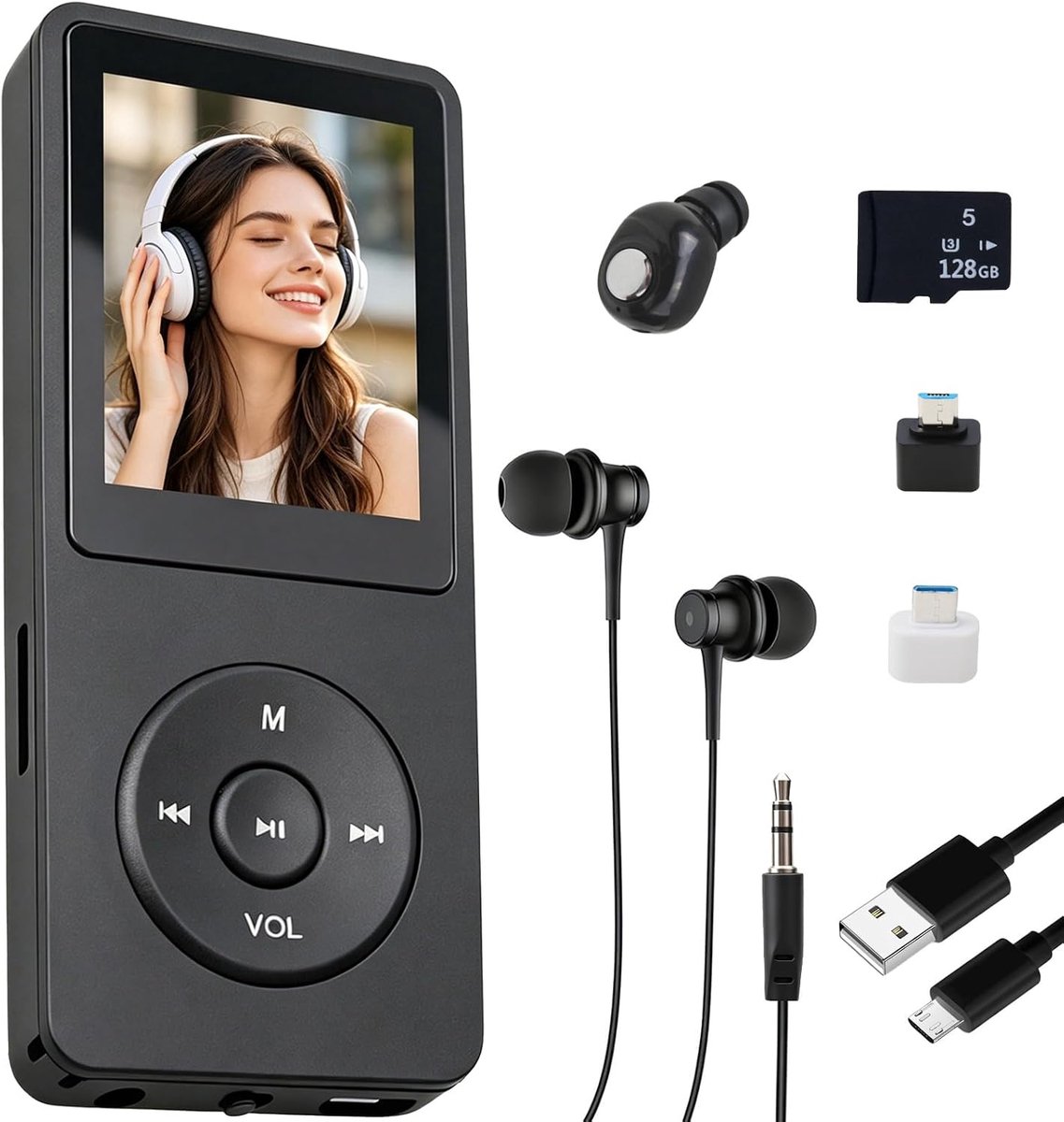 MP3-speler Bluetooth 5.0 - 128 GB microSD-kaart - 4,6 cm TFT-display - ideaal voor sport en reizen - SnelShoppen