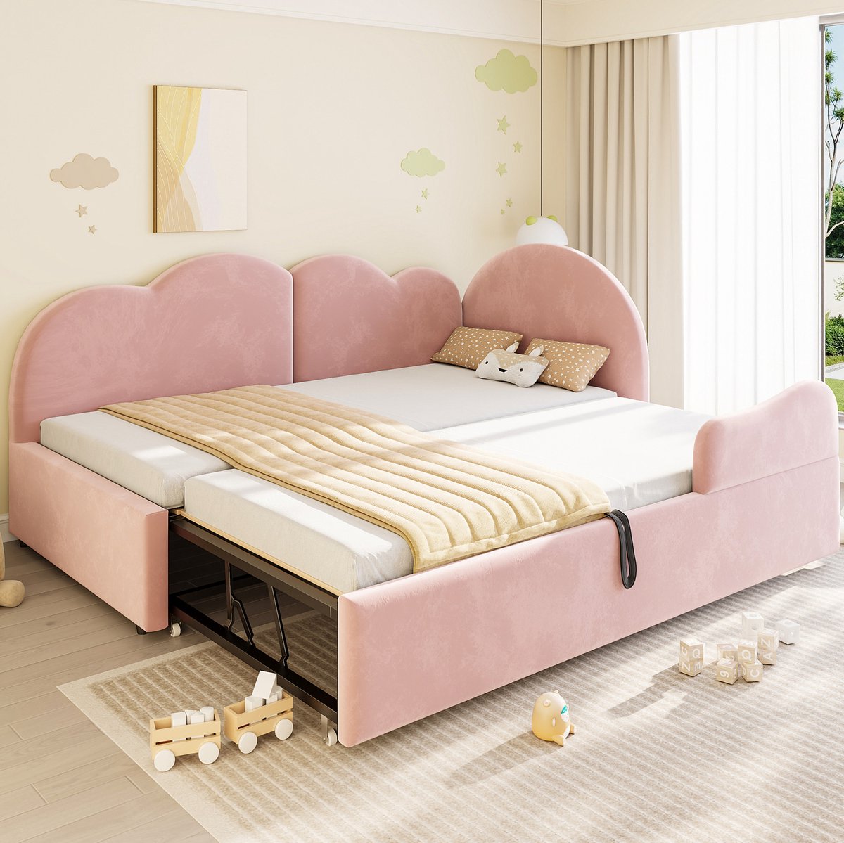 STILVORA Slaapbank 90x200cm + 90x190cm – Uitschuifbaar Bed met Wolkenhoofdbord – L-Vorm met Onderschuifbed – Voor Kinderkamer/Gastenkamer – Fluweel – Roze – Zonder matras