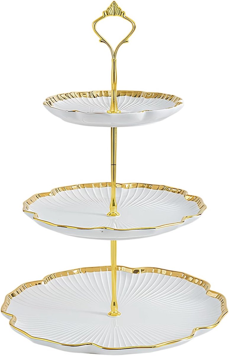 Cake stand dubbel laag - keramisch - goudkleurig - perfect voor feesten - SnelShoppen